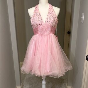 JJs House Pink Halter Mini Dress with Beading